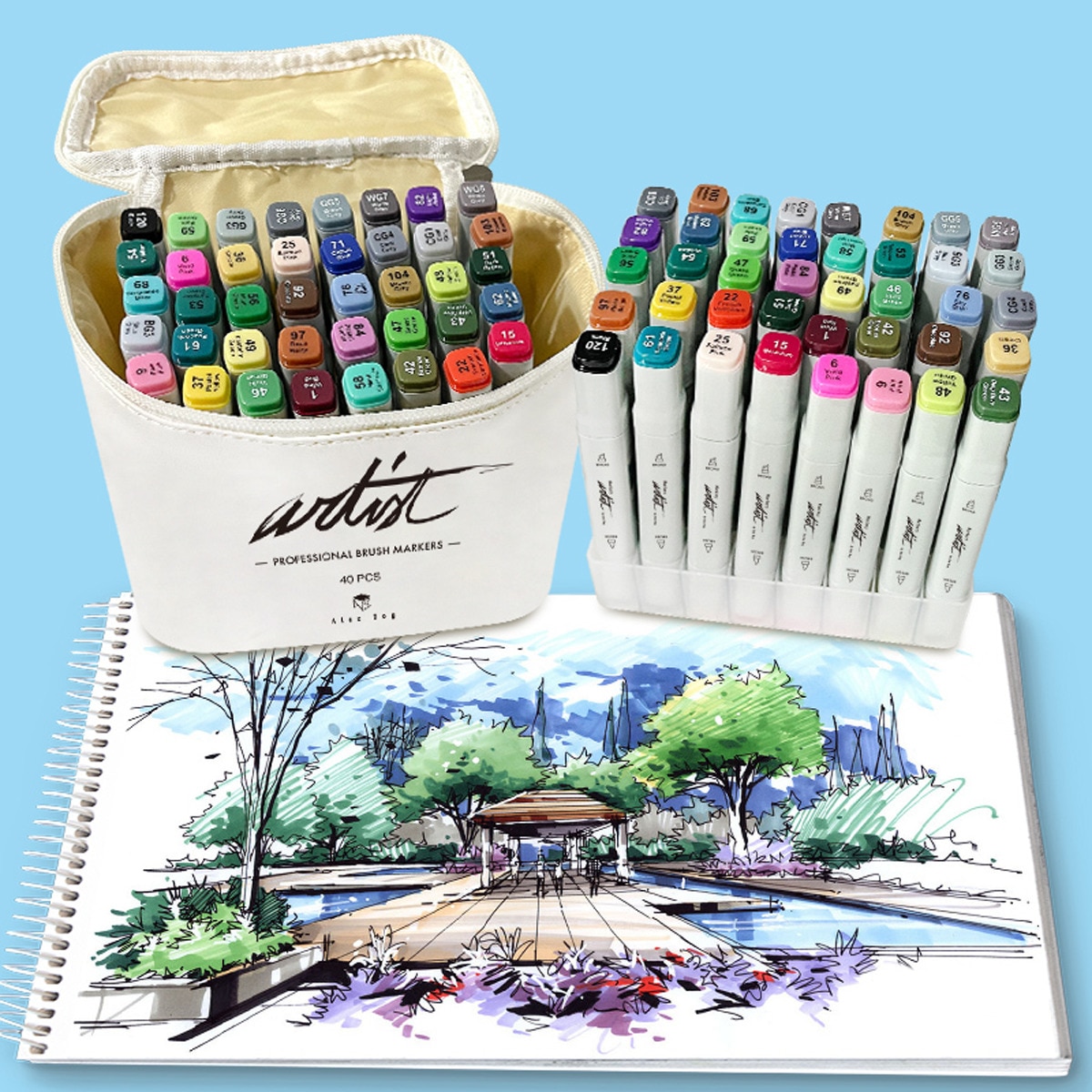 Bolsa canvas 40 rotuladores Professional Brush Markers doble  punta, pincel extra suave y biselada, tintas base alcohol ARTIST by Alex Bog multicol 9