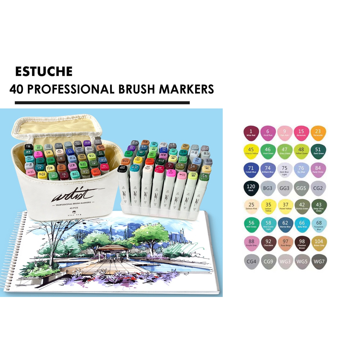 Bolsa canvas 40 rotuladores Professional Brush Markers doble  punta, pincel extra suave y biselada, tintas base alcohol ARTIST by Alex Bog multicol 8