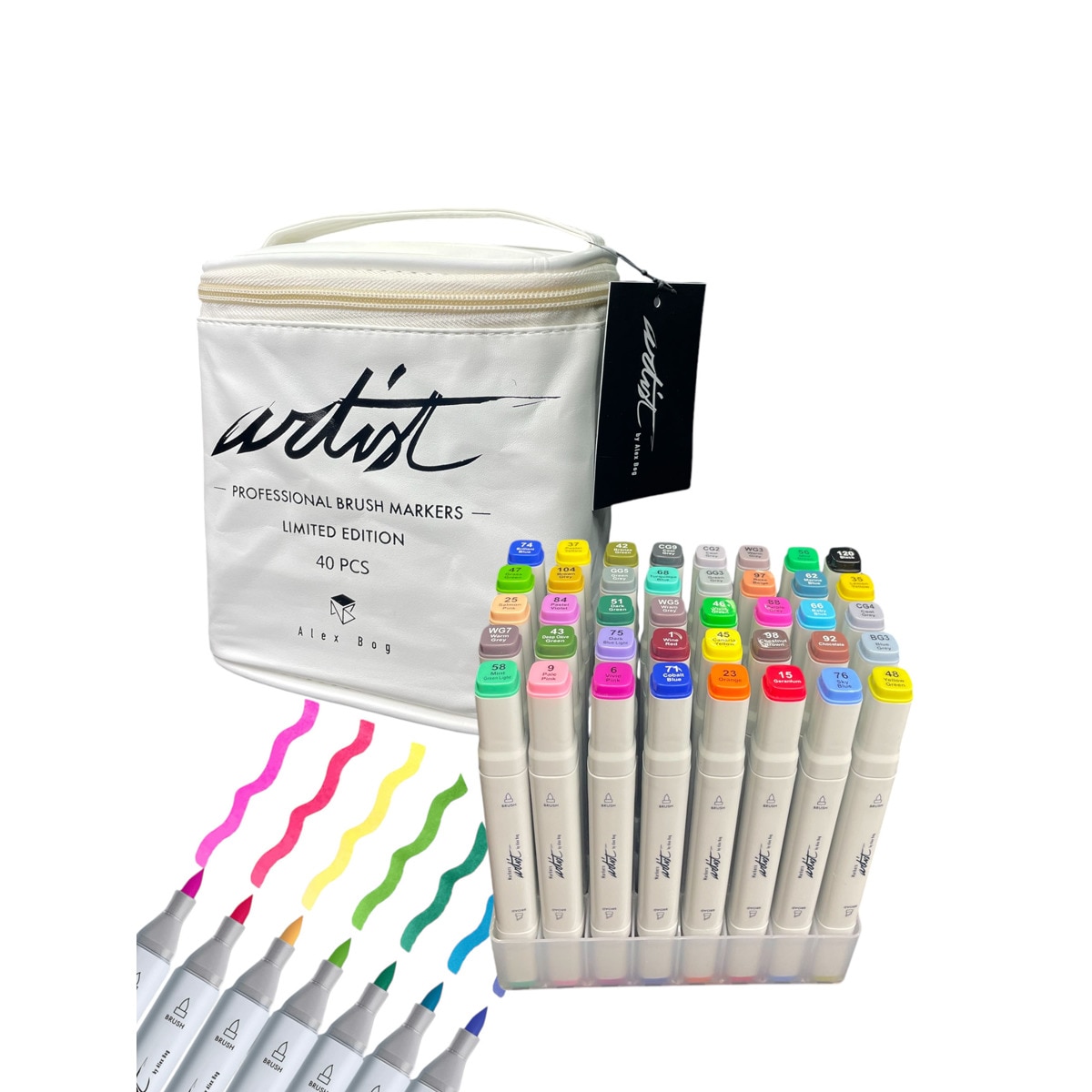 Bolsa canvas 40 rotuladores Professional Brush Markers doble  punta, pincel extra suave y biselada, tintas base alcohol ARTIST by Alex Bog multicol 3