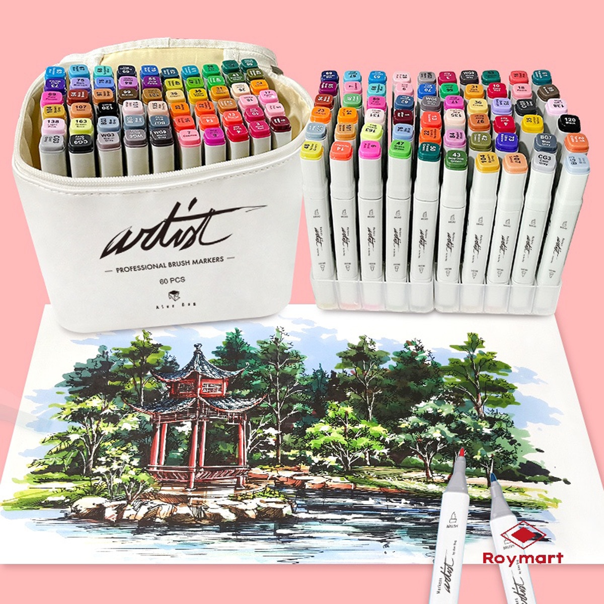 Bolsa canvas 60 rotuladores Professional Brush Markers doble  punta, pincel extra suave y biselada, tintas base alcohol ARTIST by Alex Bog multicol 8