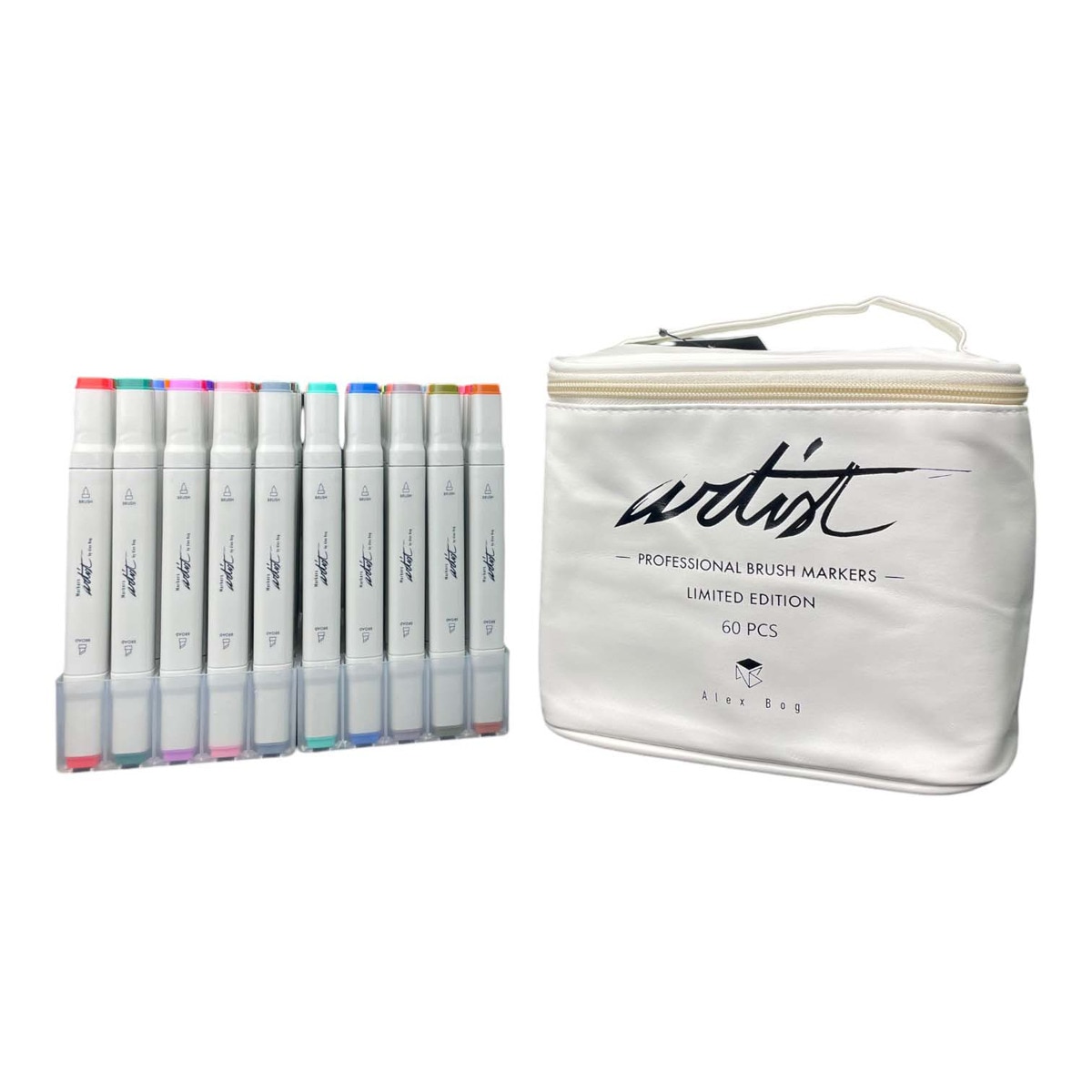 Bolsa canvas 60 rotuladores Professional Brush Markers doble  punta, pincel extra suave y biselada, tintas base alcohol ARTIST by Alex Bog multicol 3