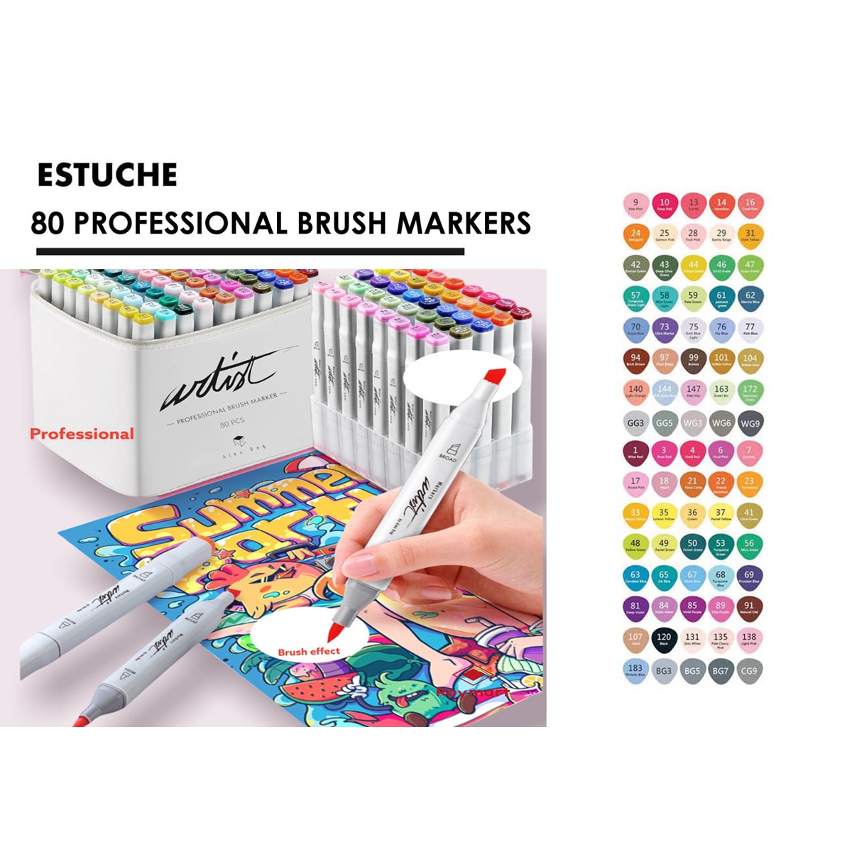 Bolsa canvas 80 rotuladores Professional Brush Markers doble punta, pincel extra suave y biselada, tintas base alcohol ARTIST by Alex Bog multicol 3