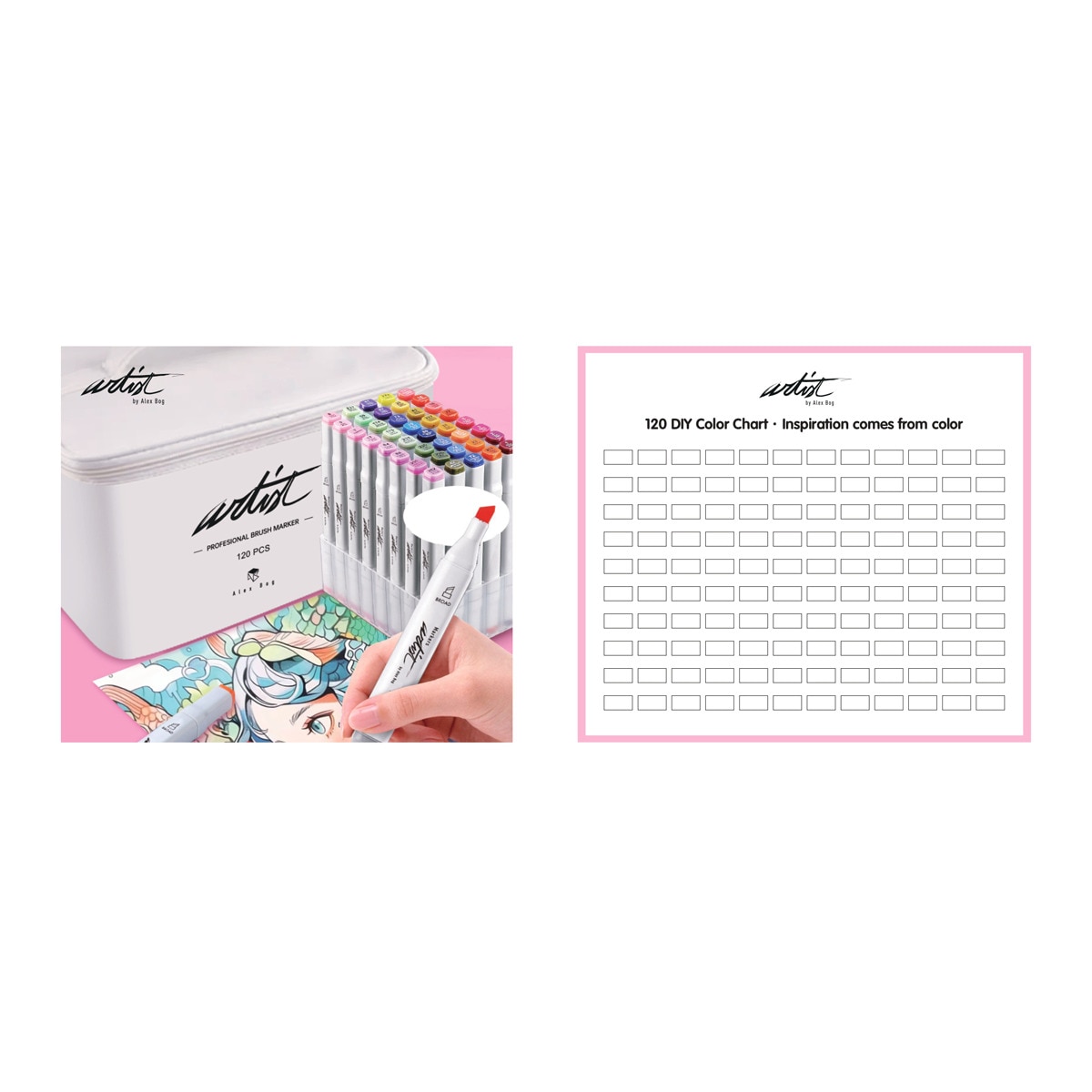Bolsa canvas 120 rotuladores Professional Brush Markers doble  punta, pincel extra suave y biselada, tintas base alcohol ARTIST by Alex Bog multicol 6