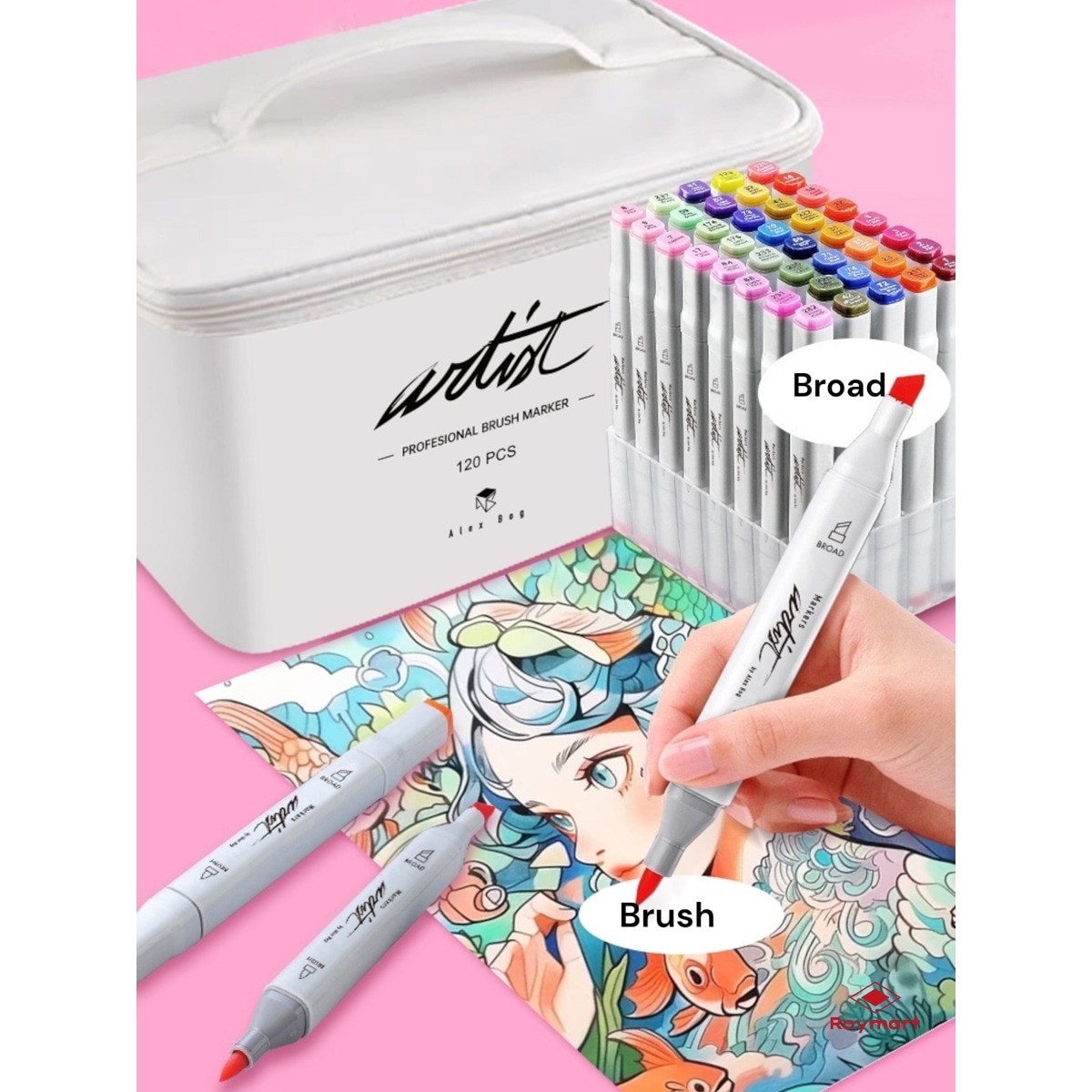 Bolsa canvas 120 rotuladores Professional Brush Markers doble  punta, pincel extra suave y biselada, tintas base alcohol ARTIST by Alex Bog multicol 3