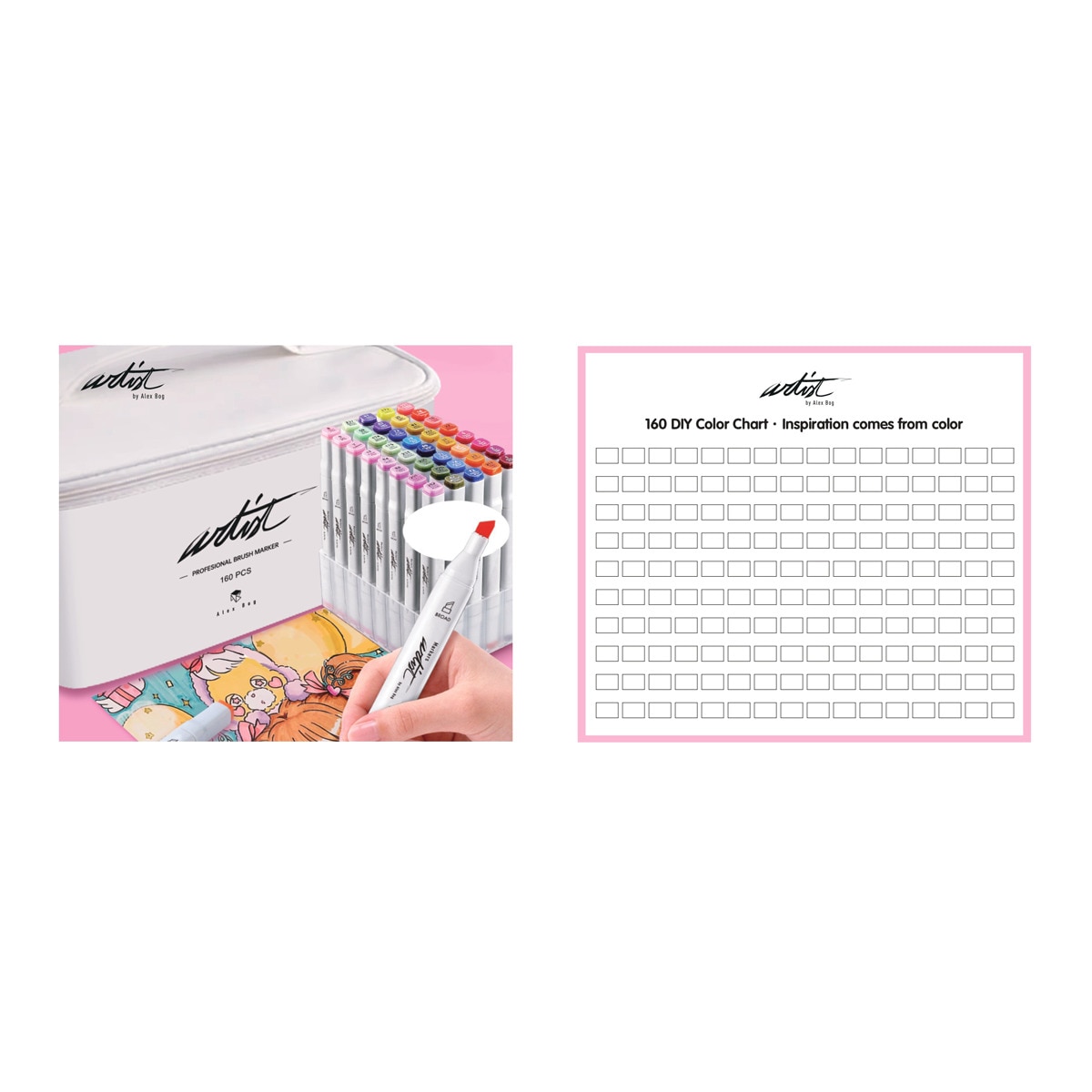 Bolsa canvas 160 rotuladores Professional Brush Markers doble punta, pincel extra suave y biselada, tintas base alcohol ARTIST by Alex Bog multicol 6
