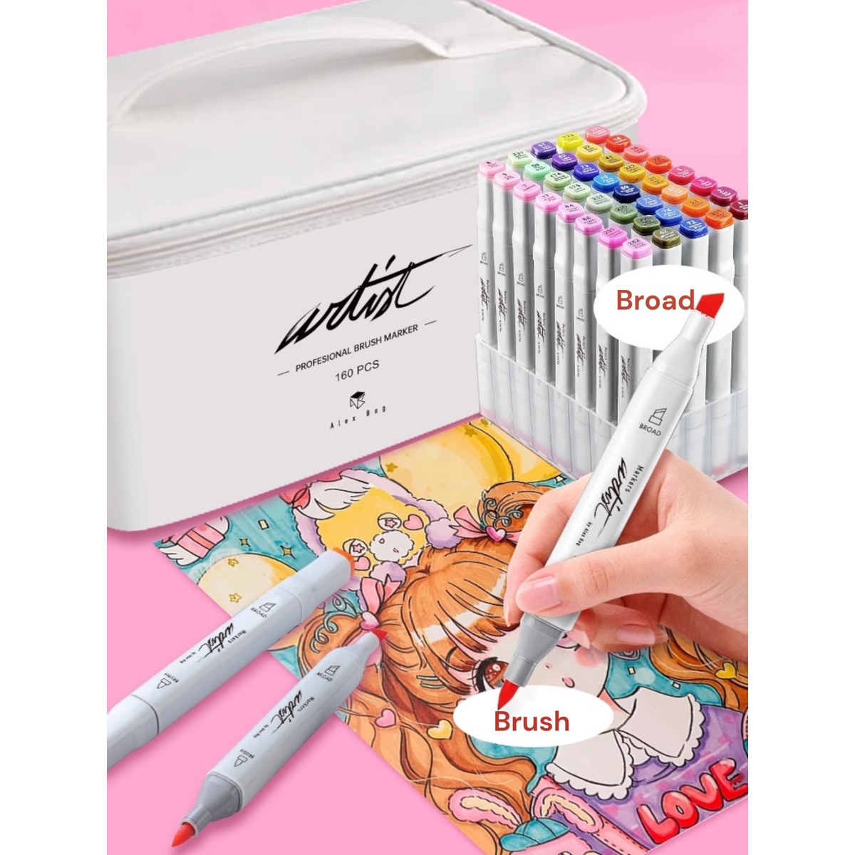 Bolsa canvas 160 rotuladores Professional Brush Markers doble punta, pincel extra suave y biselada, tintas base alcohol ARTIST by Alex Bog multicol 3