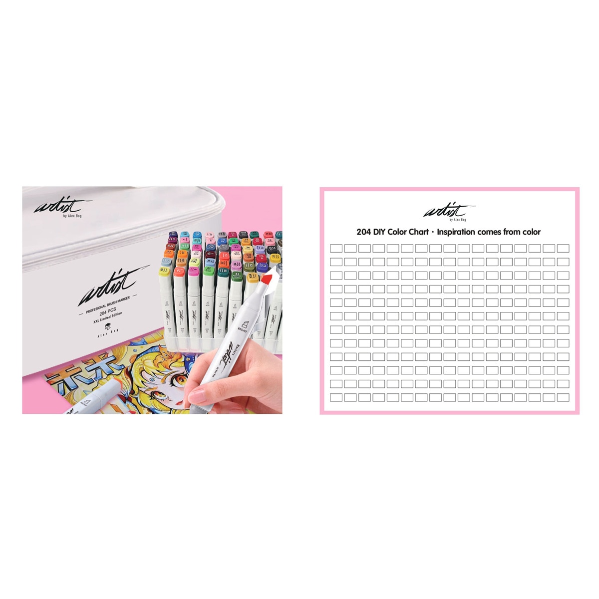 Bolsa canvas 204 rotuladores Professional Brush Markers doble  punta, pincel extra suave y biselada, tintas base alcohol ARTIST by Alex Bog multicol 6