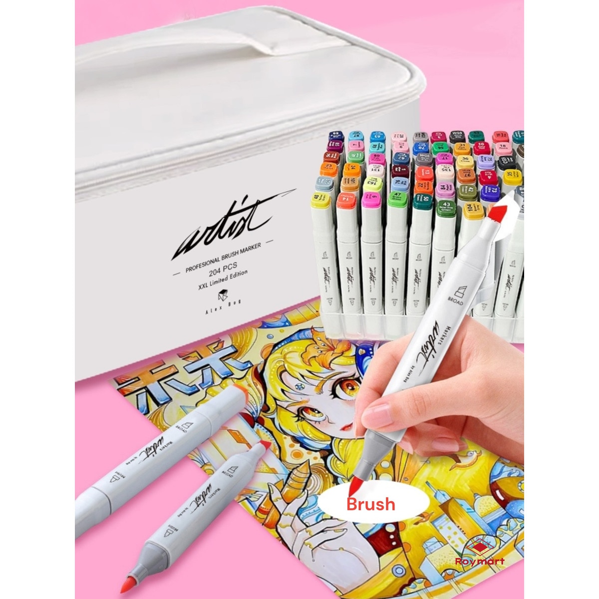 Bolsa canvas 204 rotuladores Professional Brush Markers doble  punta, pincel extra suave y biselada, tintas base alcohol ARTIST by Alex Bog multicol 3