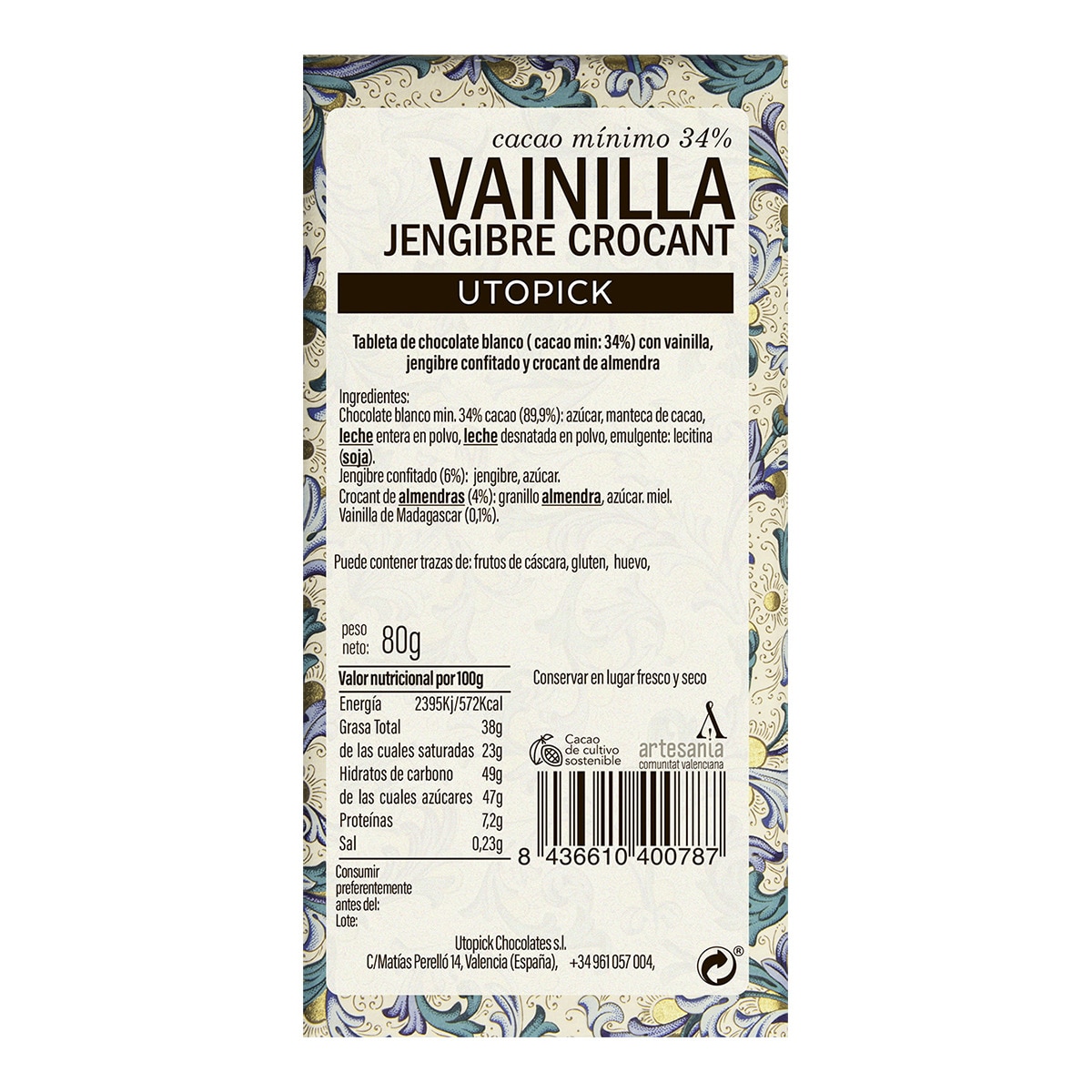 Tableta de chocolate blanco con vainilla, jengibre y crocant Utopick 2