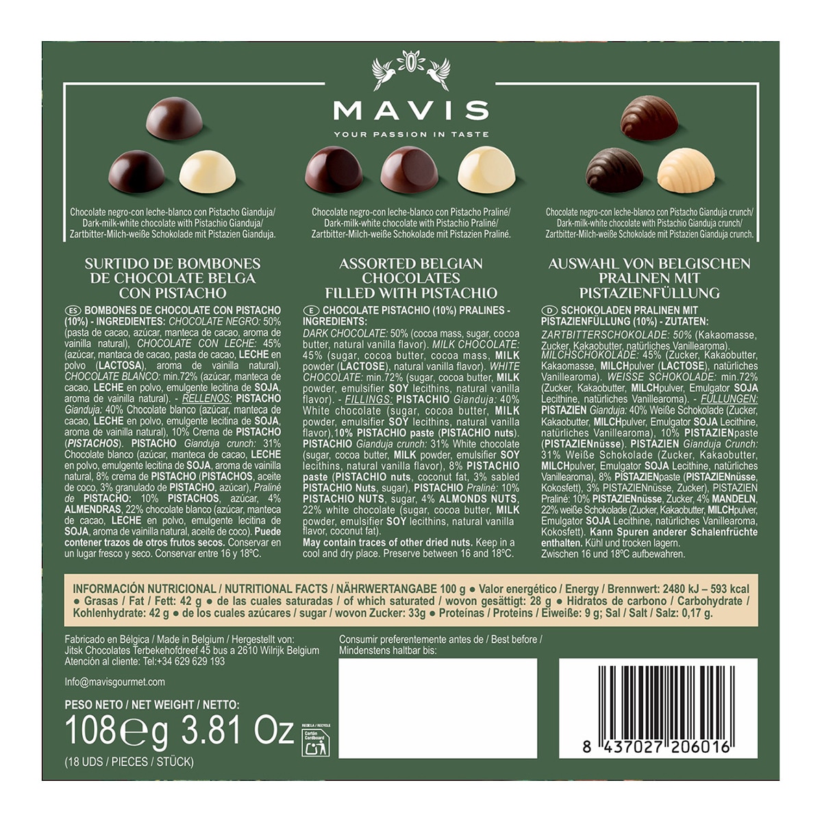 Bombones belgas de chocolate con pistacho Mavis 18 piezas 4