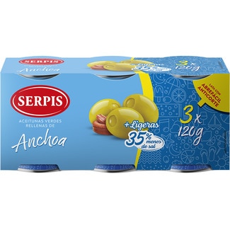aceitunas rellenas de anchoa + ligeras 35% menos sal pack 3 envases 50 g neto escurrido - Serpis