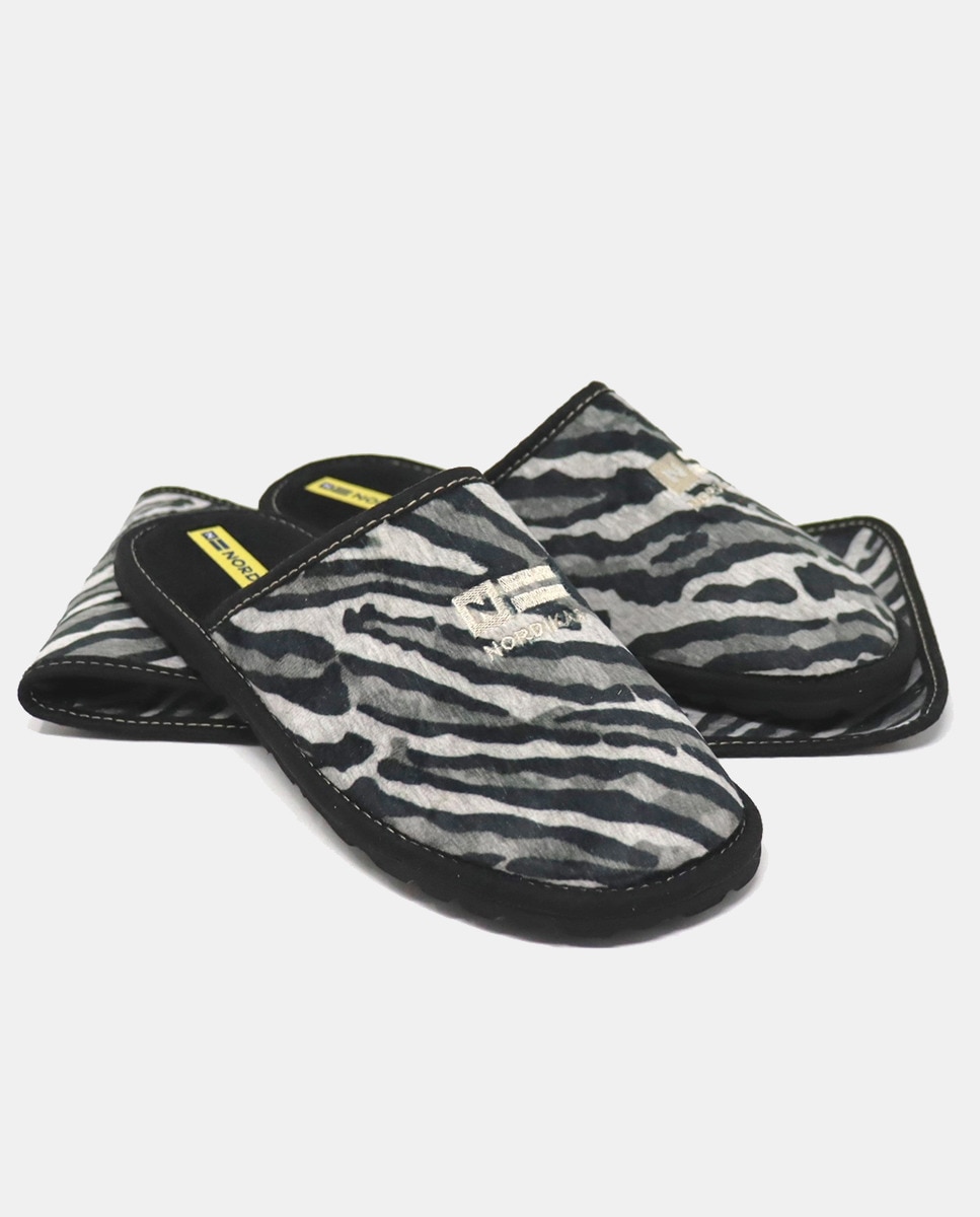 Chinelos de Quarto em Tecido com Animal Print Cinzento-2