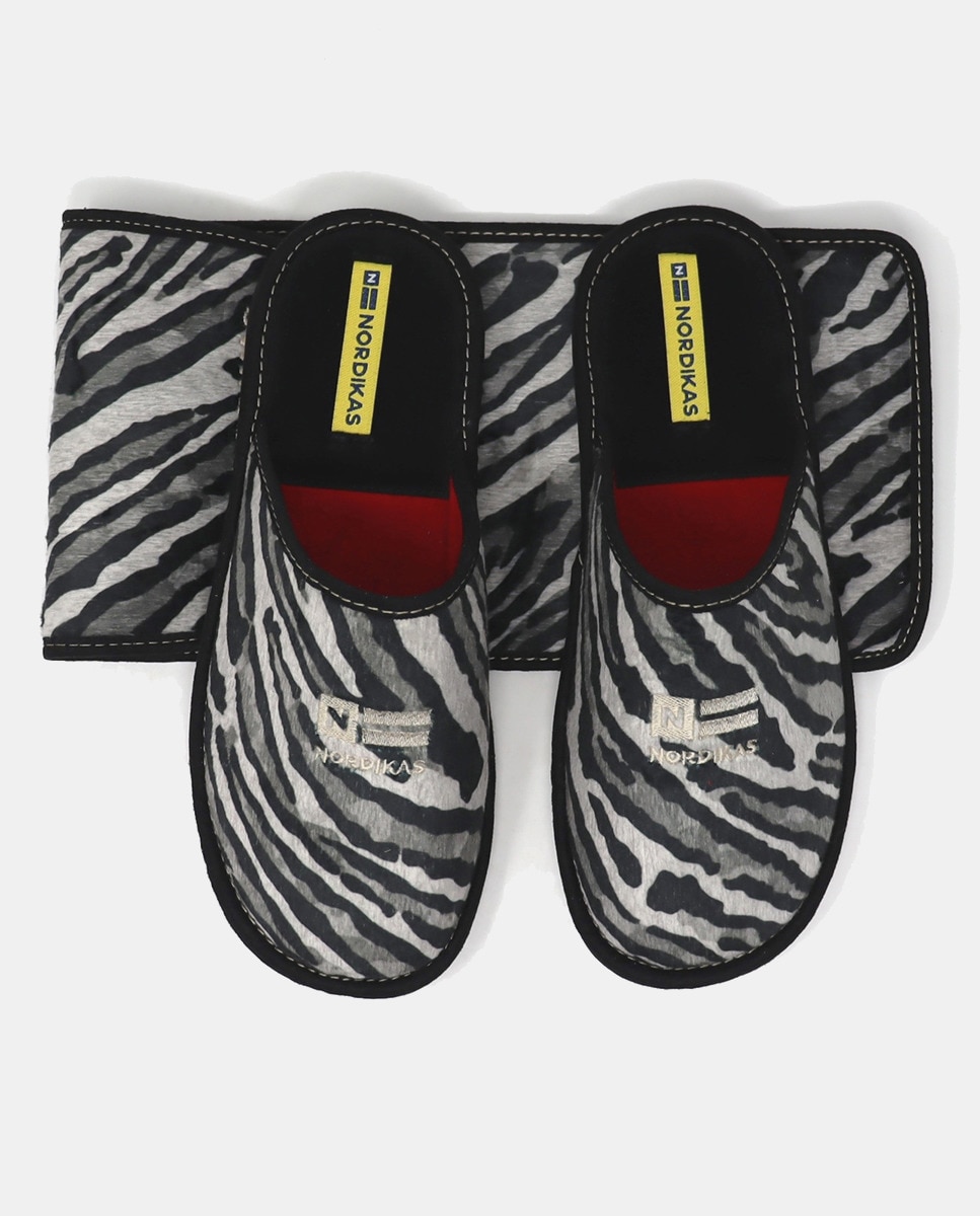 Chinelos de Quarto em Tecido com Animal Print Cinzento-4