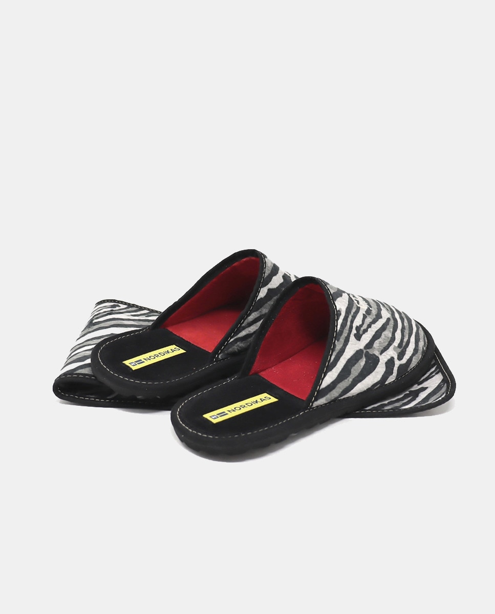 Chinelos de Quarto em Tecido com Animal Print Cinzento-3