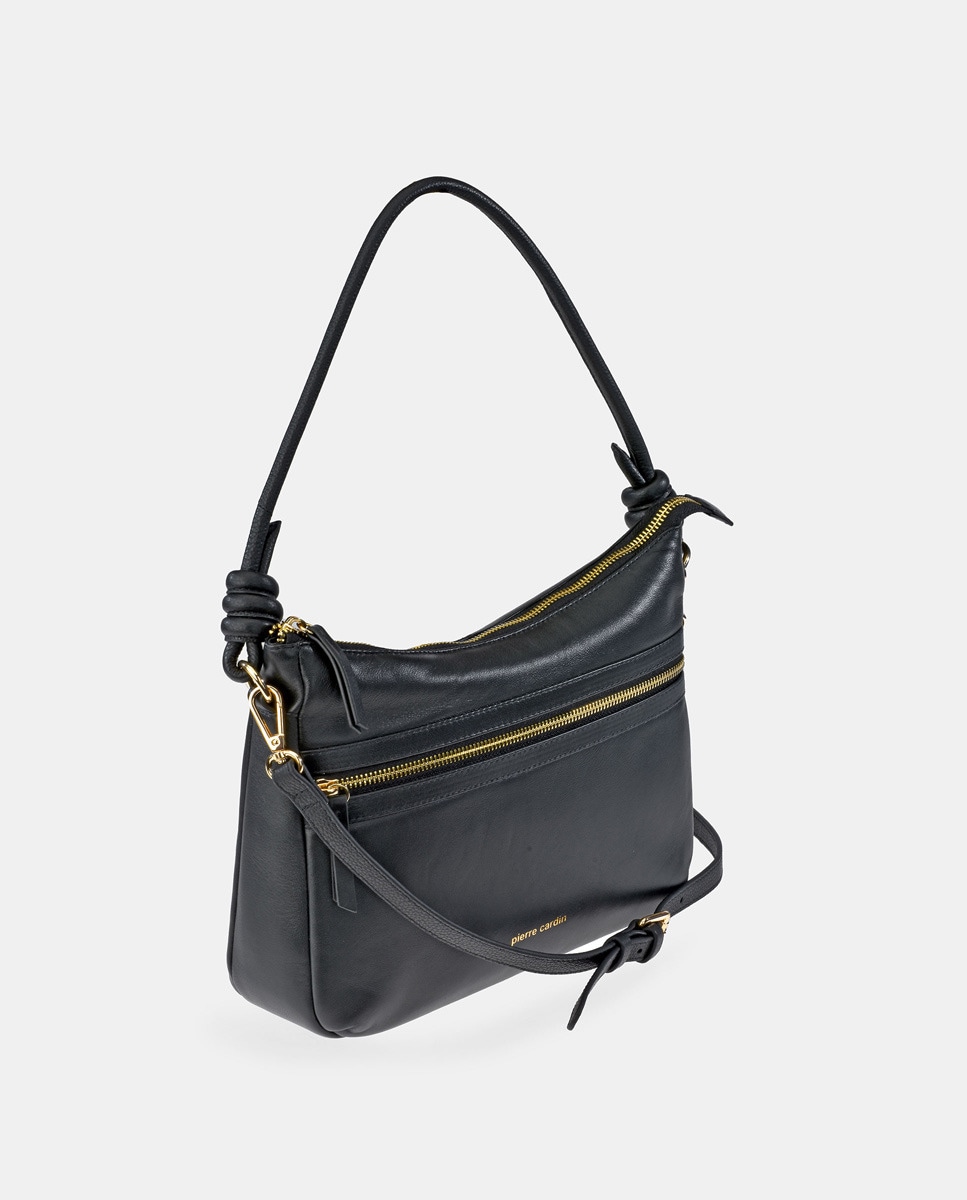 Bolso hobo de con cremallera en piel color - Pierre Cardin - Negro Negro-3