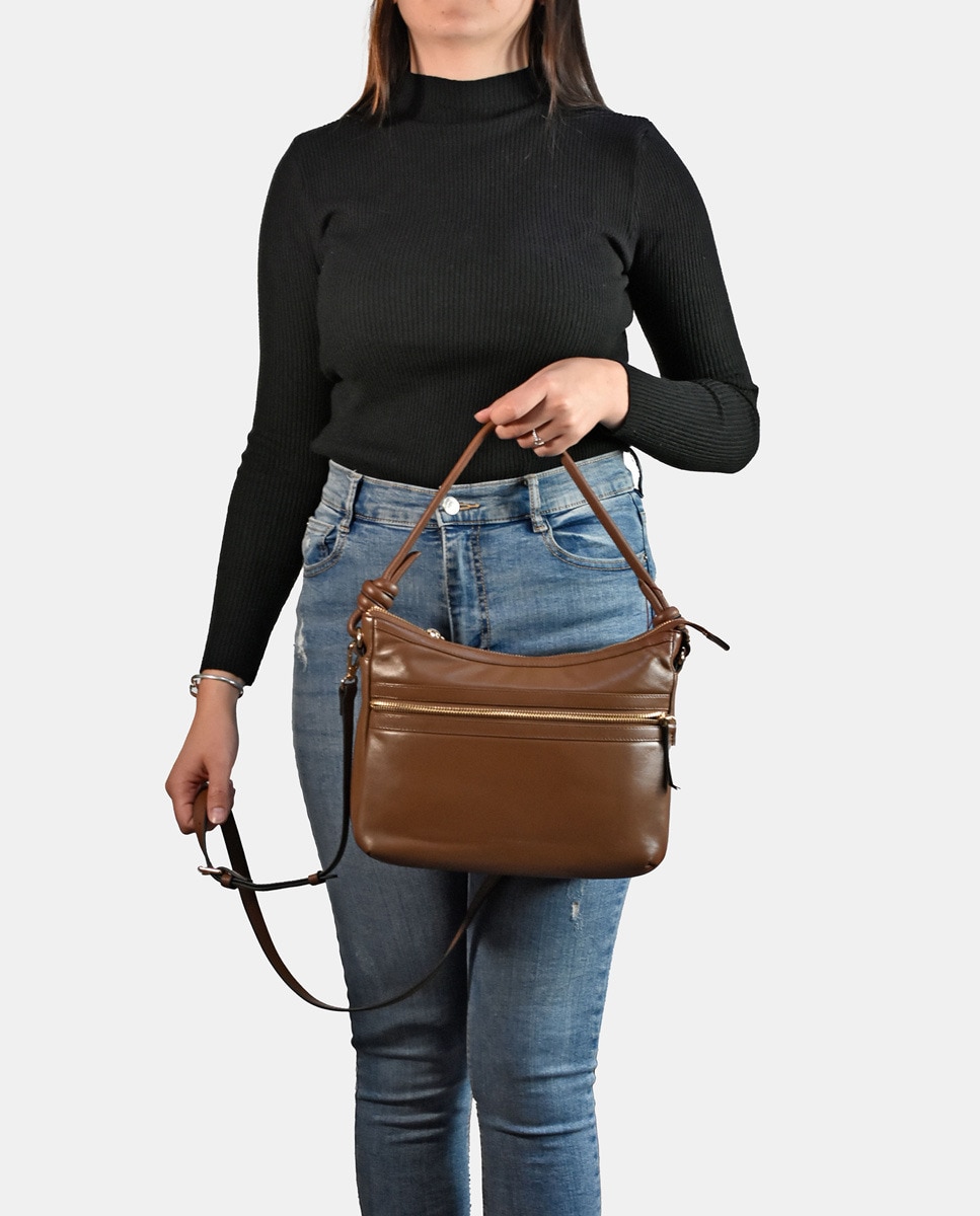 Mala Hobo em Pele com Fecho de Correr - Preto Castanho-claro-2