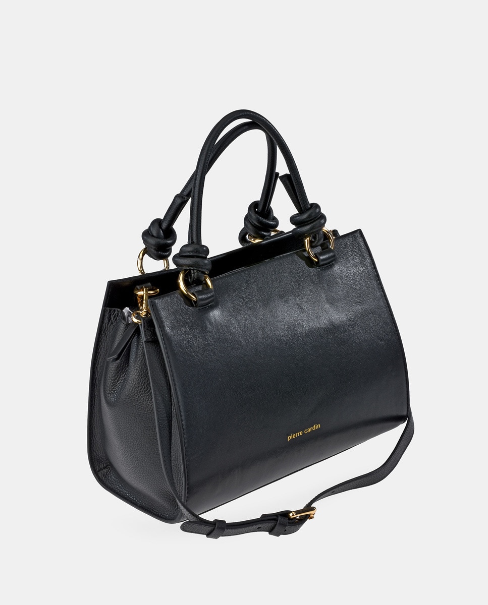 Bolso carryall en con bandolera en piel color - Pierre Cardin - Negro Negro-3