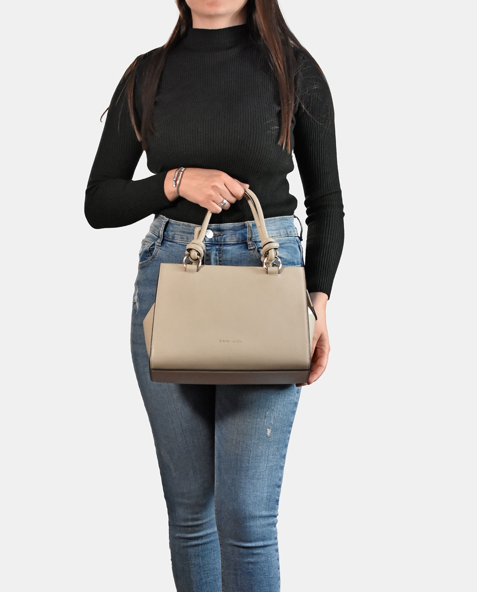 Mala Carryall em Pele com Alça de Tiracolo - Preto Bege-2