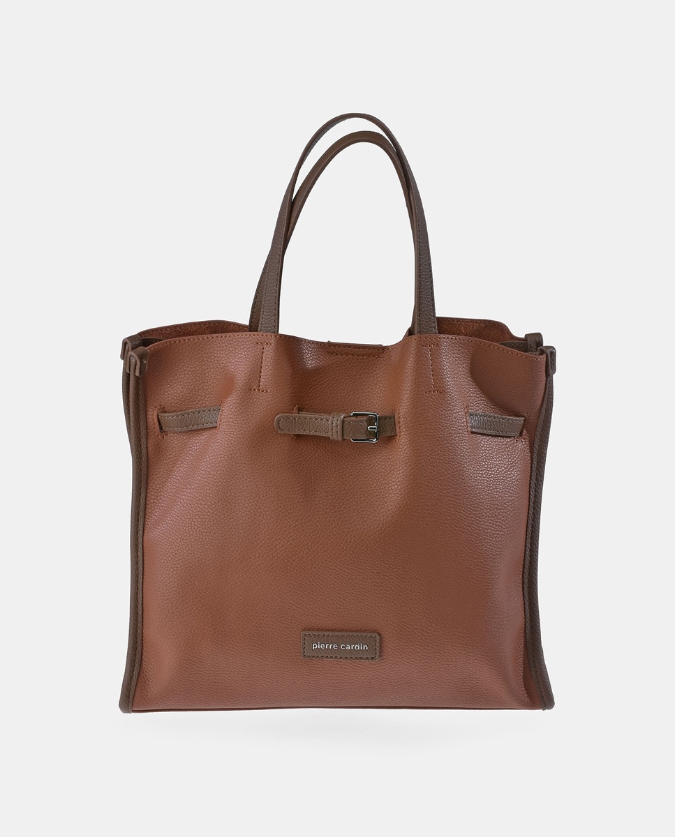 Mala Tipo Tote Grande em P.U. com Alça de Tiracolo - Preto Castanho-claro-1