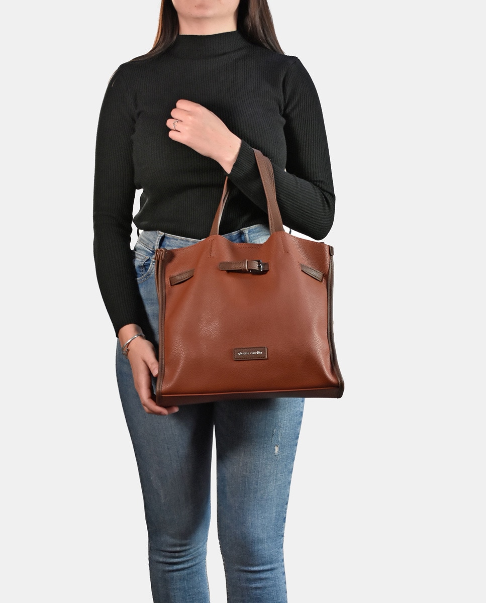 Mala Tipo Tote Grande em P.U. com Alça de Tiracolo - Preto Castanho-claro-2