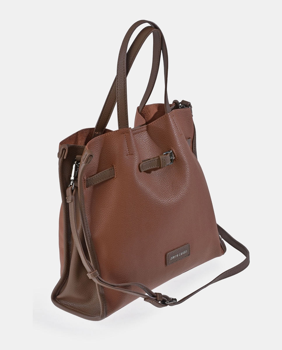 Mala Tipo Tote Grande em P.U. com Alça de Tiracolo - Preto Castanho-claro-3