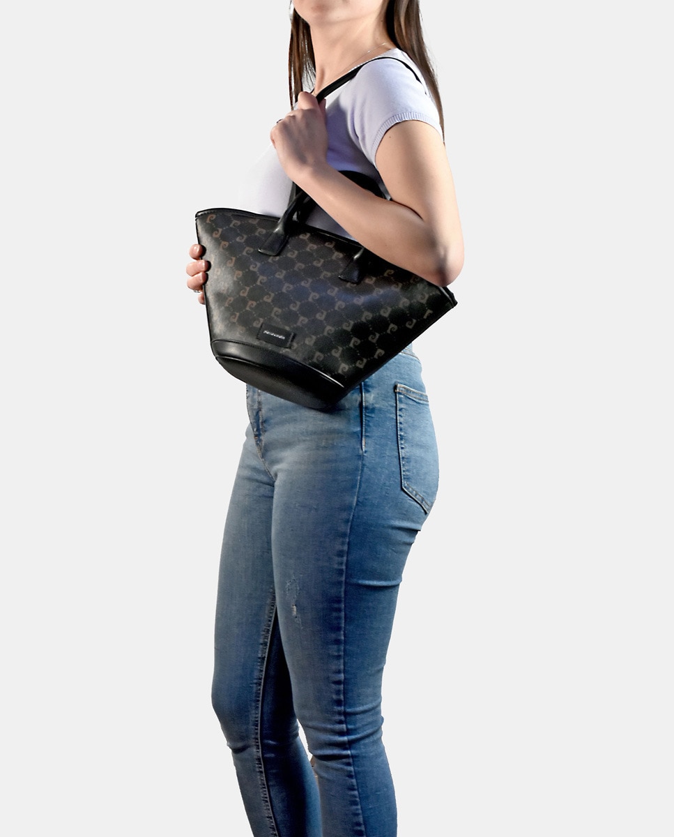 Mala Tipo Tote com Alça Dupla e em Pele e Lona - Preto Preto-2