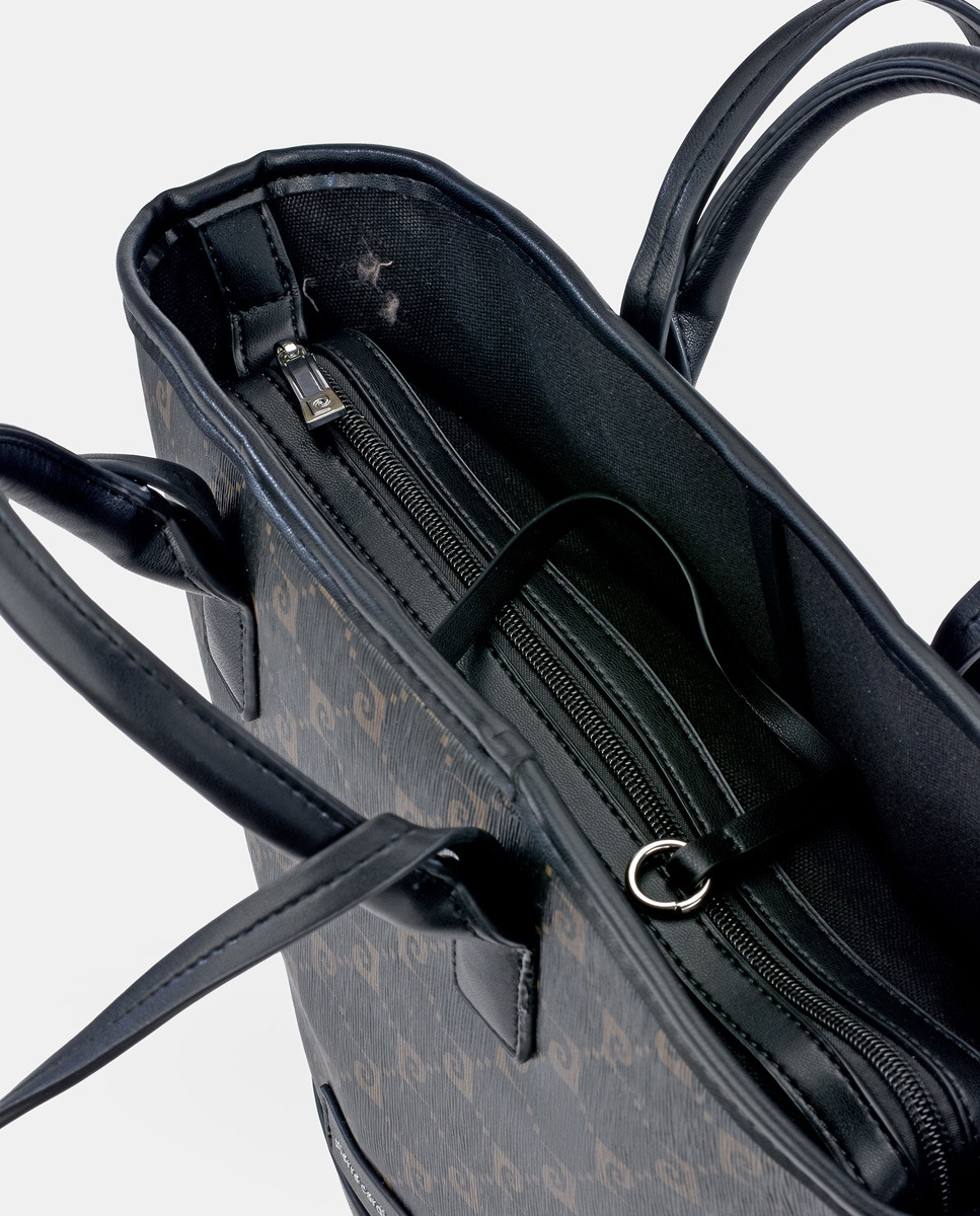 Mala Tipo Tote com Alça Dupla e em Pele e Lona - Preto Preto-4