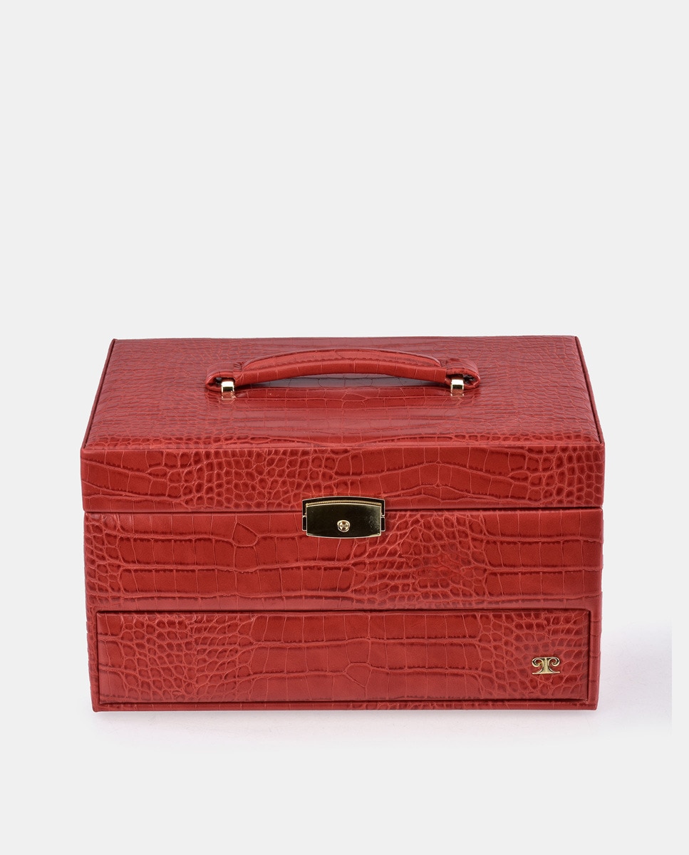 Guarda-Joias em PU de Efeito Crocodilo com Abertura Automática - Vermelho Vermelho-1