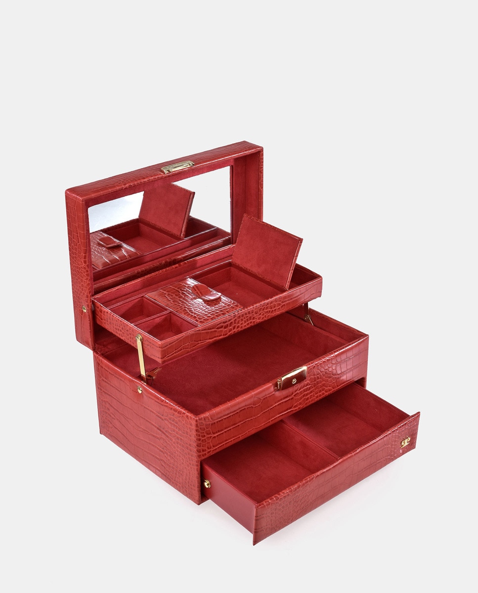 Guarda-Joias em PU de Efeito Crocodilo com Abertura Automática - Vermelho Vermelho-3