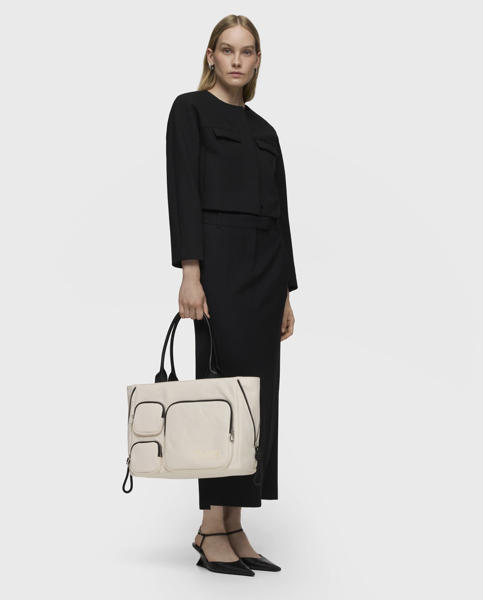 Mala Shopper L Roomy com Fecho de Correr Bege-3