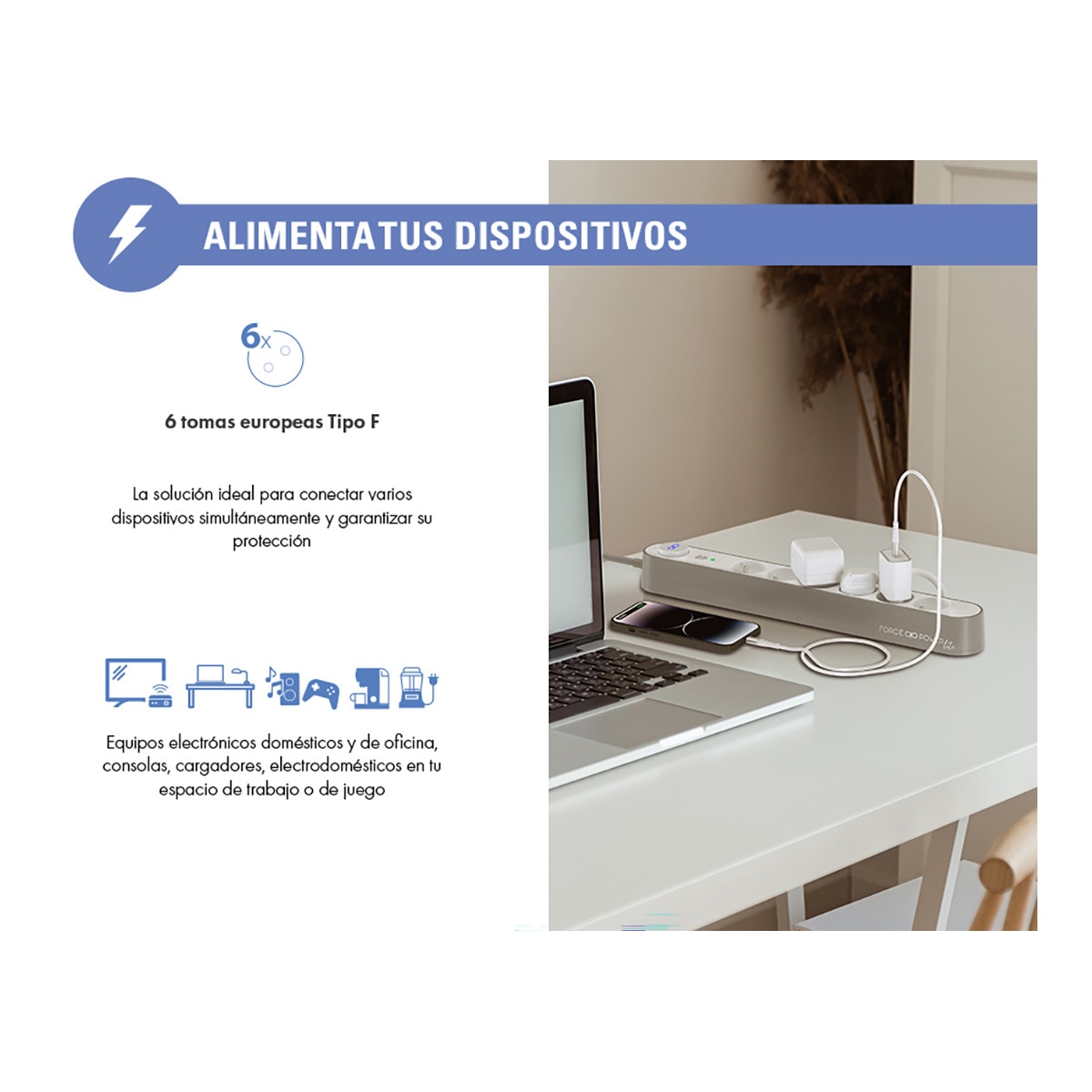 Base Múltiple Protectora 5 Tomas + 2 USB (A y C) 800J Blanco / Gris-2