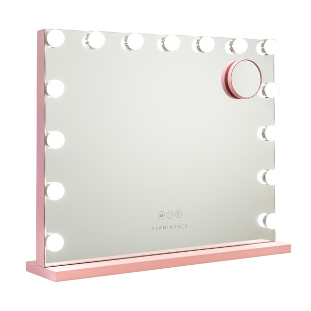 Imagem 0 de Espelho Flamingueo com base rosa e luzes LED estilo Hollywood 15 lâmpadas e 3 modos de iluminação