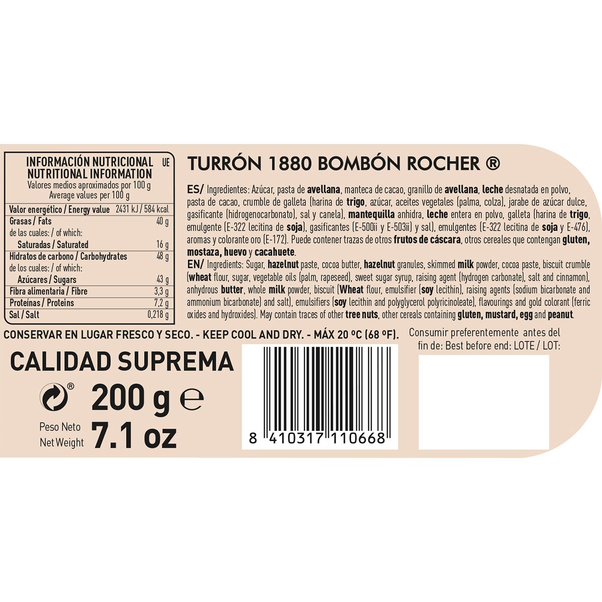 Turrón de chocolate con leche bombon Rocher Calidad Suprema tableta 200