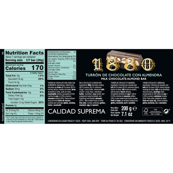 Schokoladen-Turrón mit Mandeln Spitzenqualität Tafel 200 g