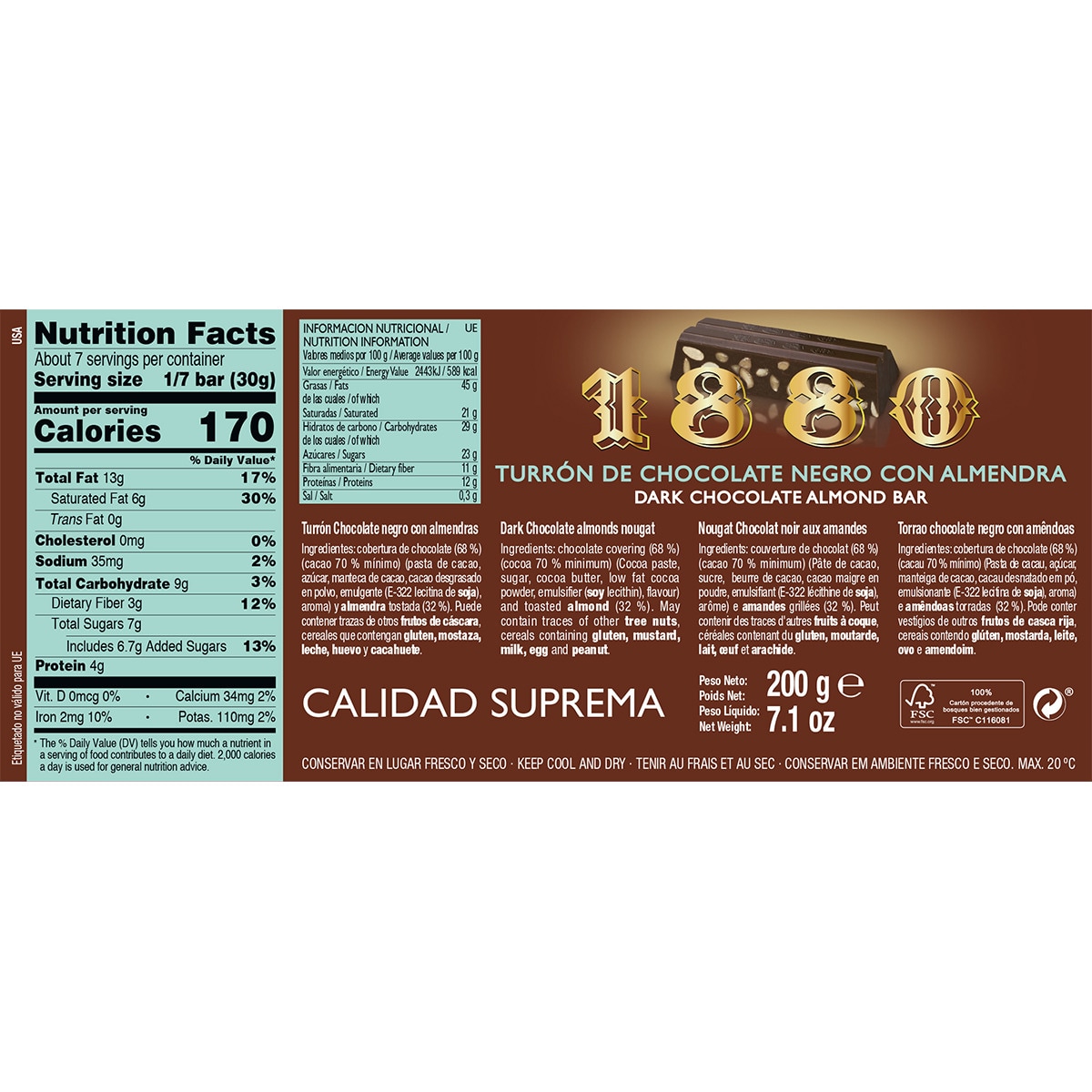 Turrón de chocolate negro con almendras 70 cacao Cañidad Suprema