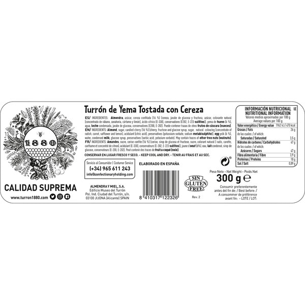 Supreme Quality toasted egg-yolk nougat with cherry tablet 300 g