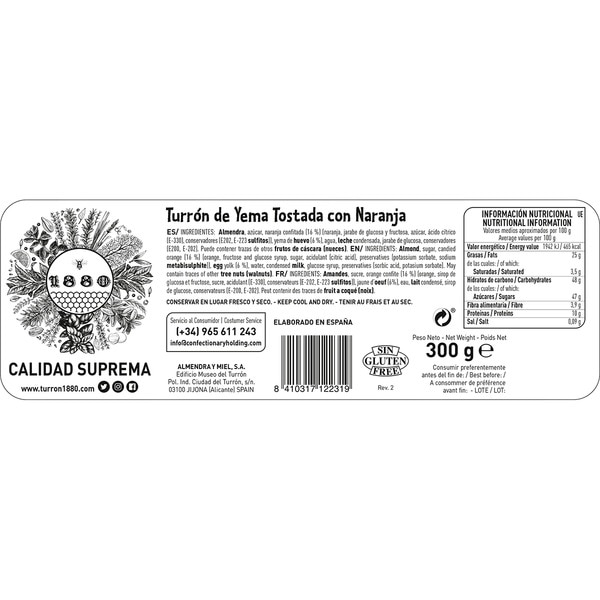 Eigelb-Turrón mit Orange Premiumqualität Tafel 300 g