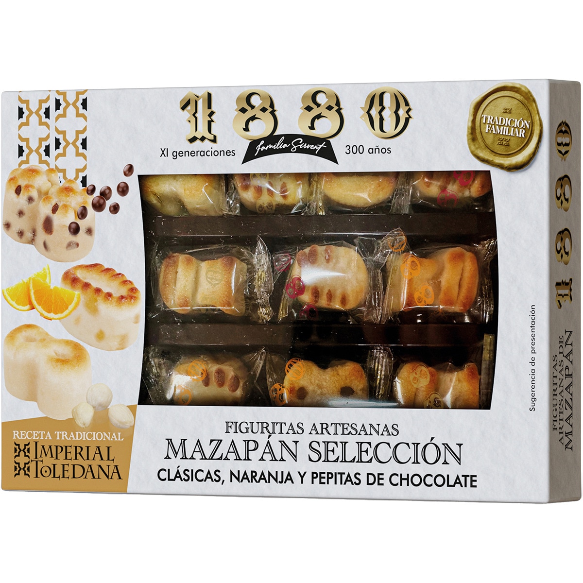 Selección figuras de mazapán surtidas clásicas, naranja y pepitas de chocolate estuche 205 g receta Imperial Toledana