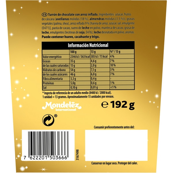 Miniportionen vom klassischen, knusprigen Schokolade-Turrón 10 Stück Karton 130 g