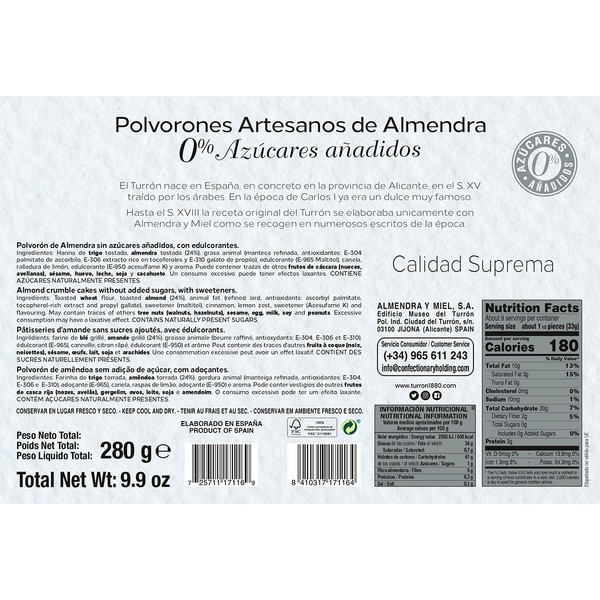 Artisan almond crumble cakes with no added sugar. case 280 g