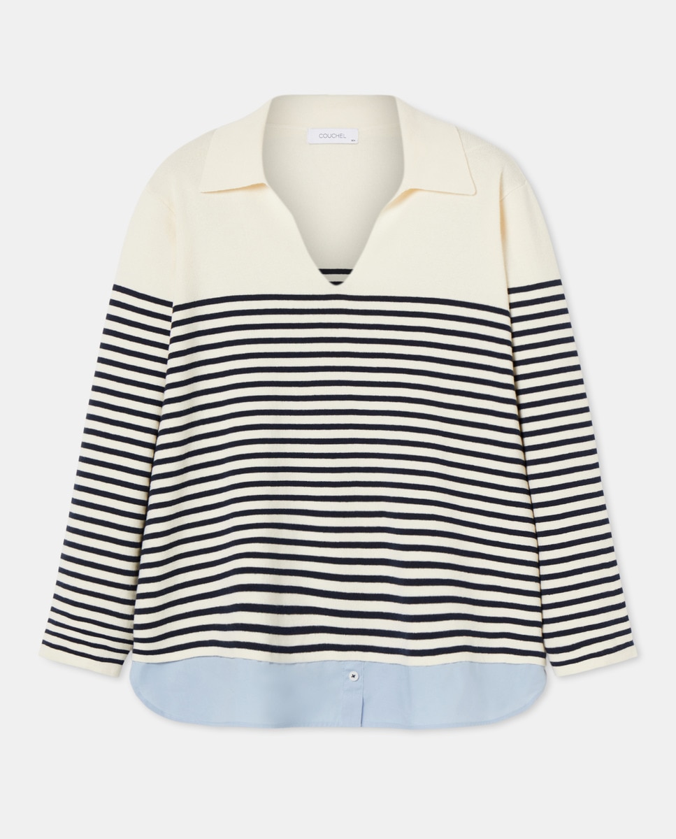 Camisola de Malha em Tecido Combinado com Decote em Bico Branco-4
