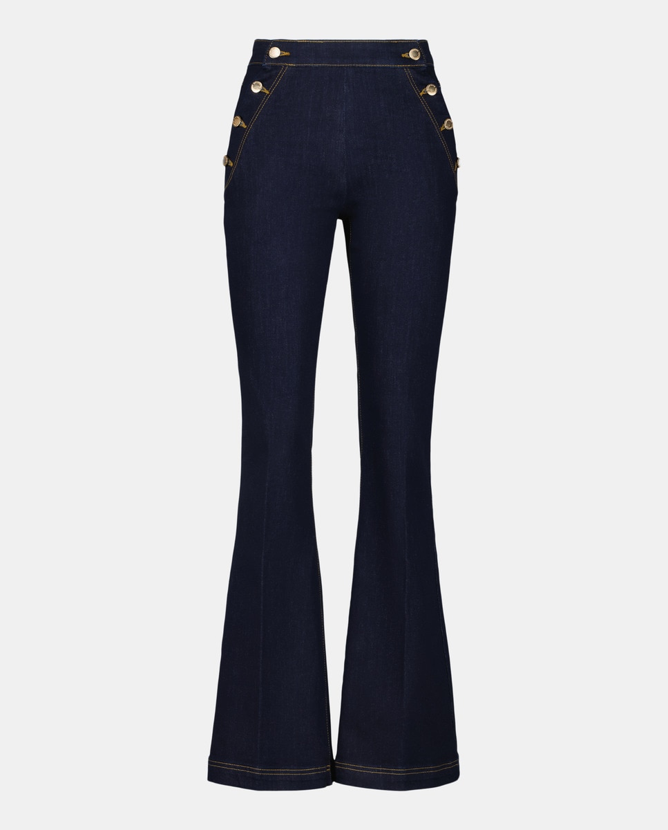 Jeans Flare com Abotoadura e Cintura Subida Azul-índigo-4