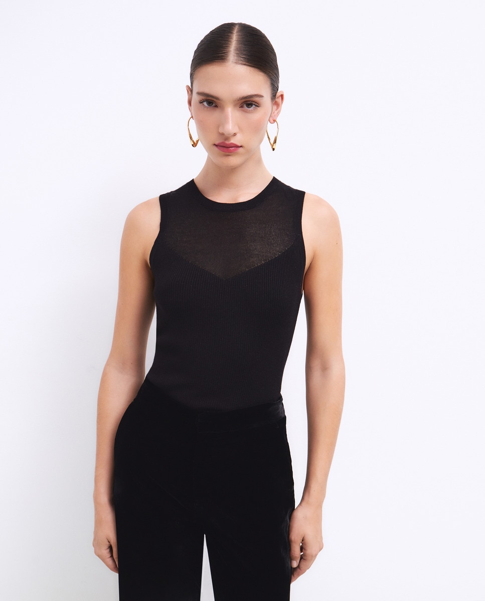 Camisola de Malha sem Mangas e com Transparência Preto-2