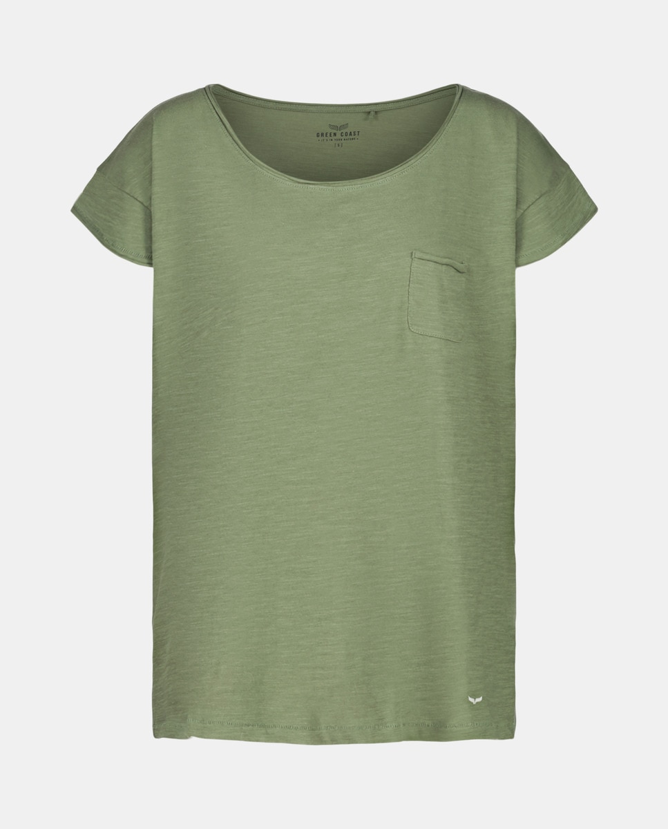 T-shirt de Manga Curta com Decote de Onda com Bolso 520 Caqui-4