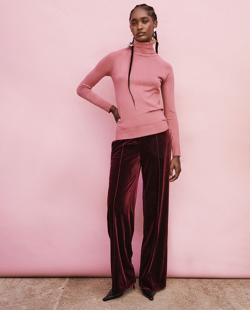 Camisola de Malha Básica com Gola Rosa-claro-6