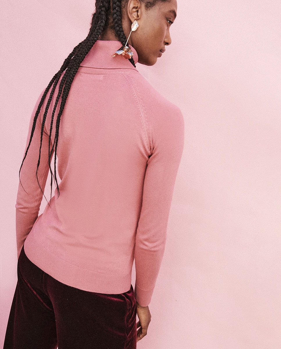 Camisola de Malha Básica com Gola Rosa-claro-2