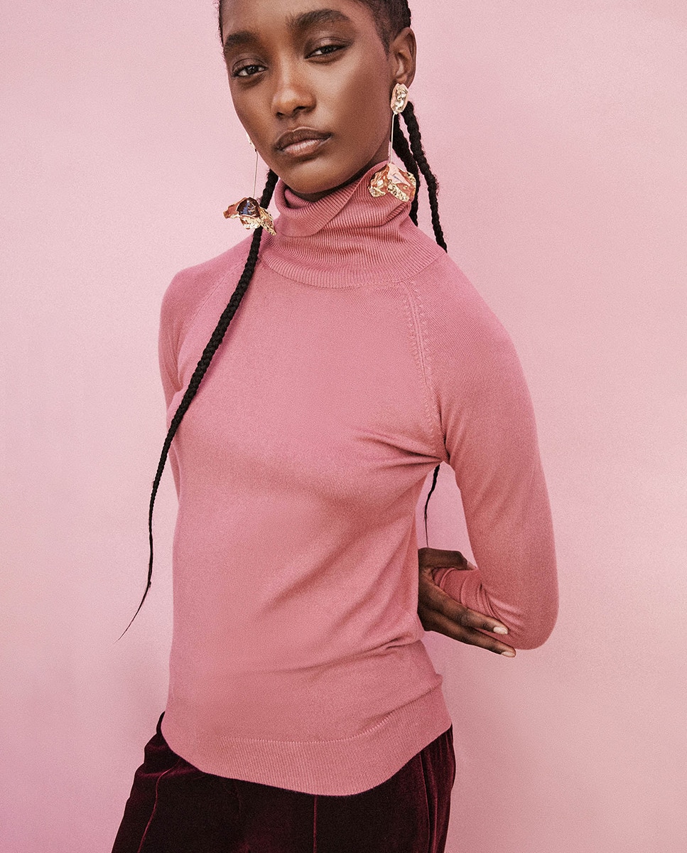 Camisola de Malha Básica com Gola Rosa-claro-1