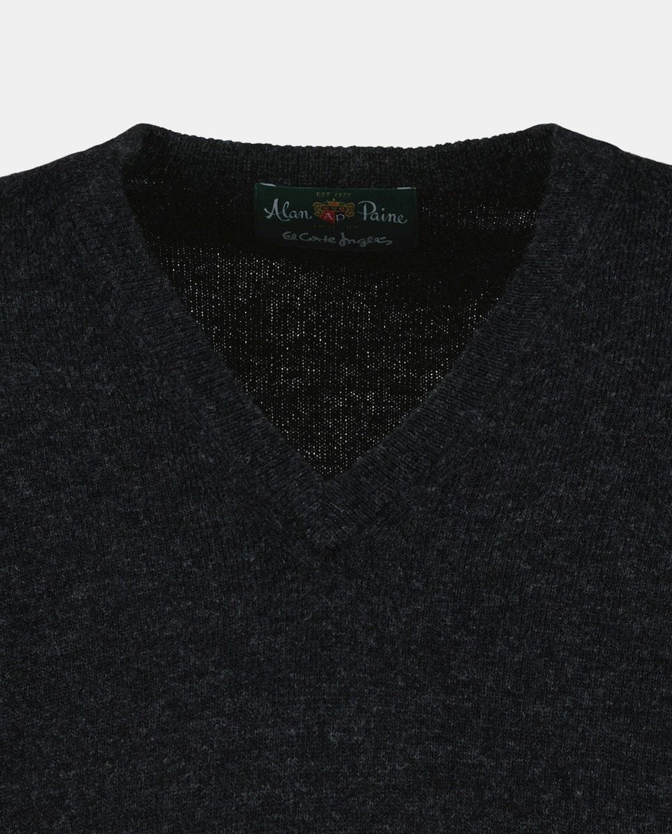 Camisola de Malha com Decote em Bico e 100% Lã Cinzento-escuro-5