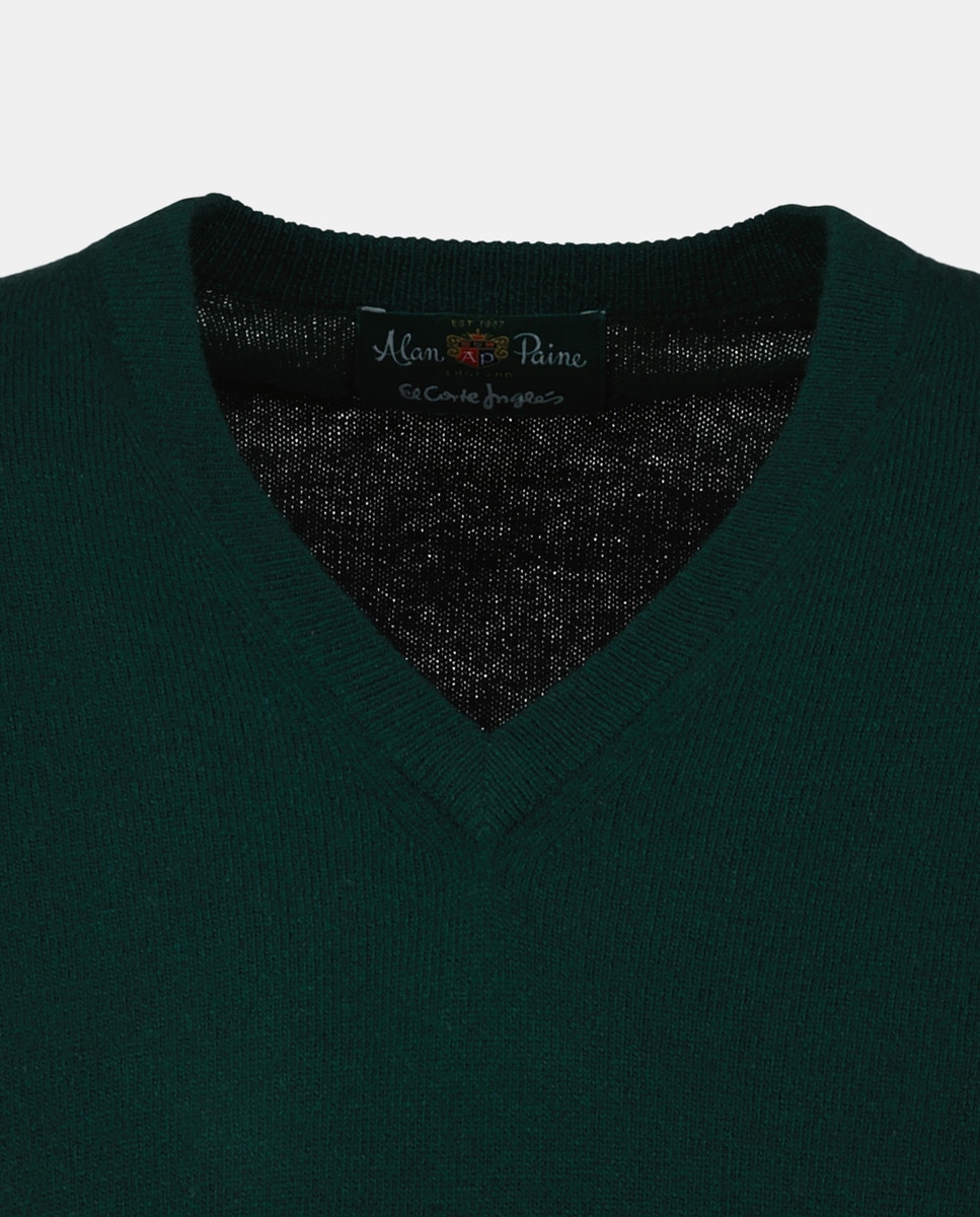 Camisola de Malha com Decote em Bico e 100% Lã Verde-escuro-5