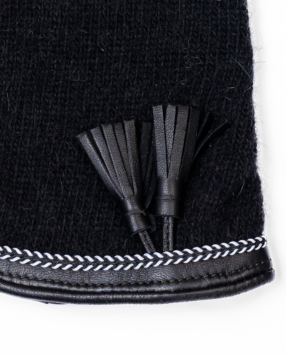 Luvas de Malha de Lã com Punho e Franjas em Pele Preto-2